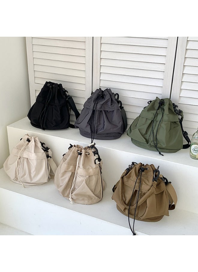Korean Large Capacity Drawstring Nylon Bucket Bag Leisure Handbag Senior Sense Commuter Single Shoulder Crossbody Bag for Women