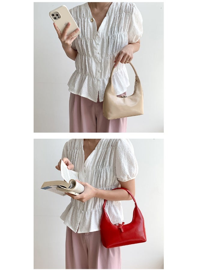 Korean Small Handbag Women's High-grade Temperament Simple Female Bag Bright PU Fashion Single Shoulder Niche Design Handbag