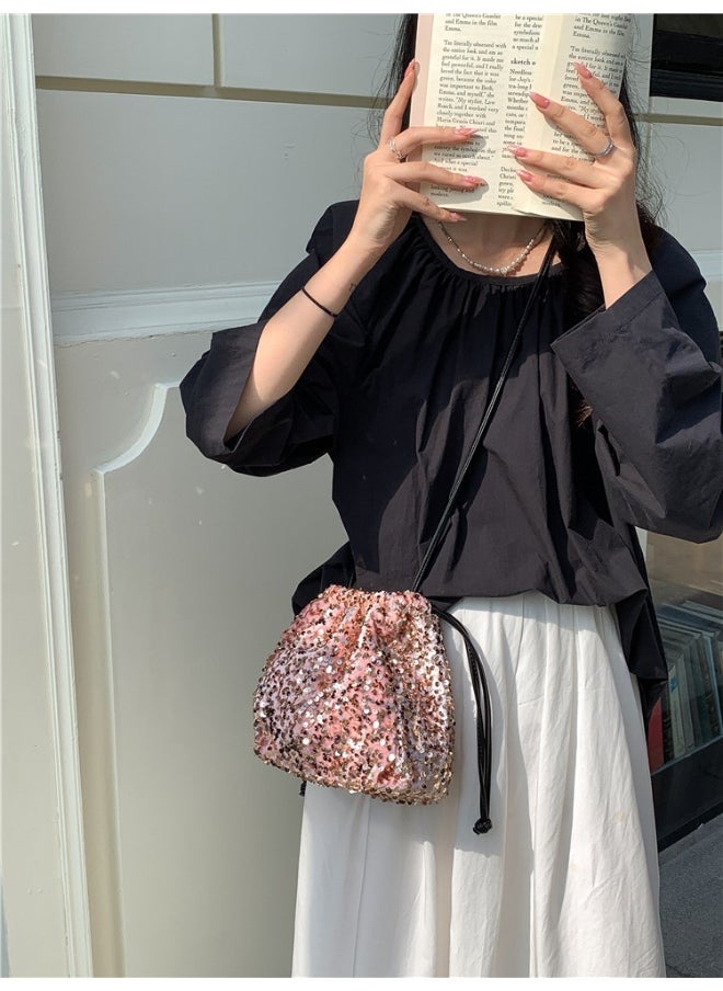 European-american Crossbody Bucket Bag Women's Drawstring Pleated Design Soft Hand Bill Shoulder Bag Color Sequin Bag