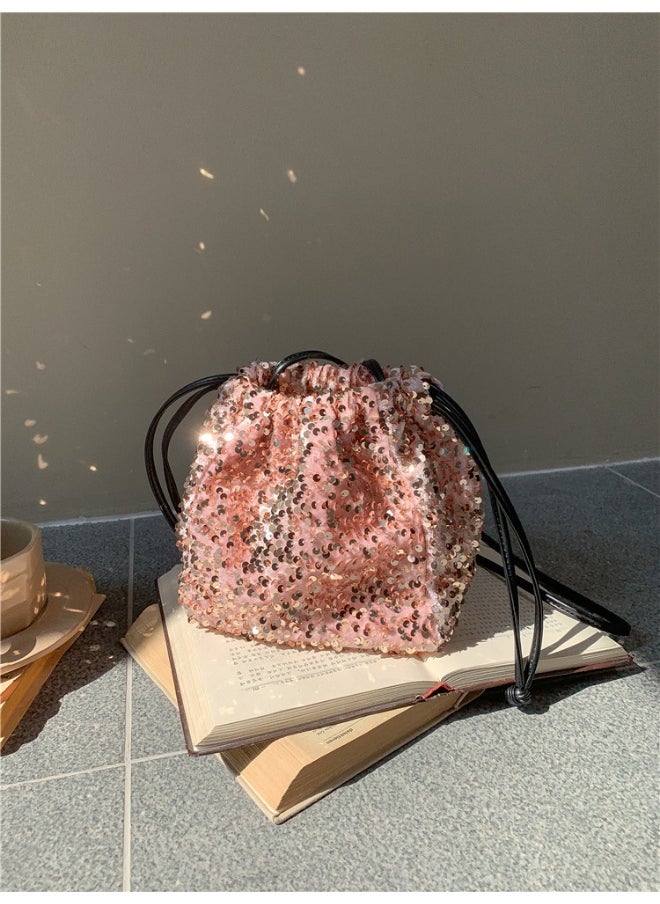 European-american Crossbody Bucket Bag Women's Drawstring Pleated Design Soft Hand Bill Shoulder Bag Color Sequin Bag