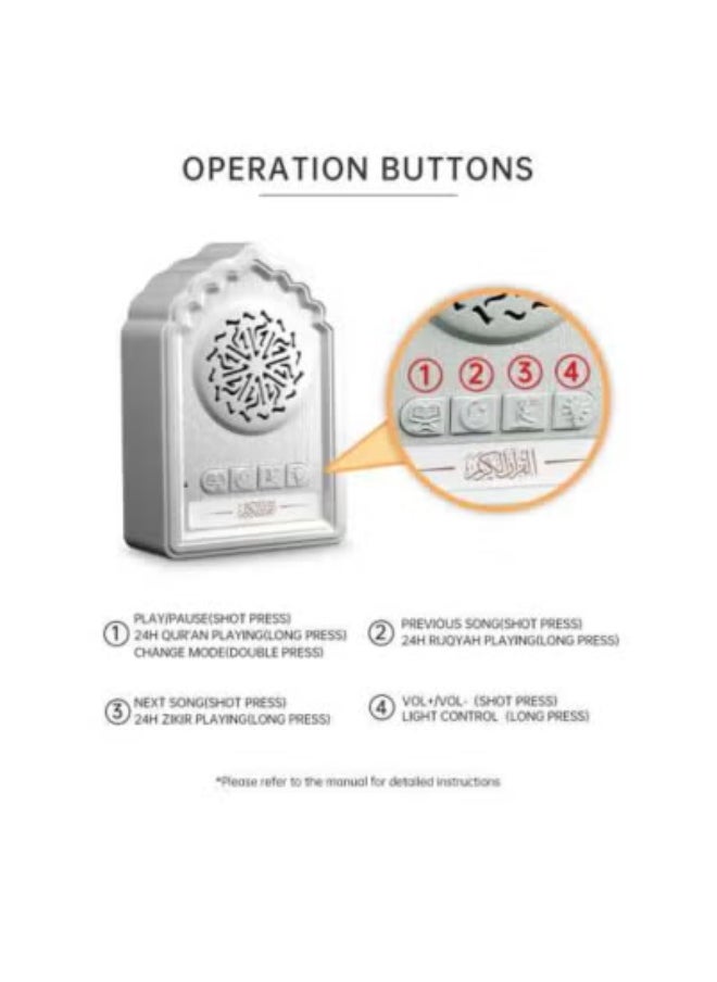 QB812 Wall-Mountable Holy Quran Bluetooth Speaker SQ669 – Wireless Quran Speaker with 24-Hour Loop Playback, Ruqyah, Zikir, Dua, and Night Light – Built-In Quran Recitation, Zikir & Dua for Healing – White 3-Pin Plug – Ideal for Homes, Mosques & Spiritual Spaces