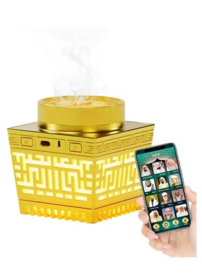 Quran Speaker & Mini Incense Burner (Gold) – Remote-Controlled Bukhoor Burner with Bluetooth Quran Speaker, 114 Surahs, 18 Reciters, 17 Translations, Multicolor Night Light, MP3 Playback, and App Control – Ideal for Prayer Rooms, Home, and Islamic Gifting