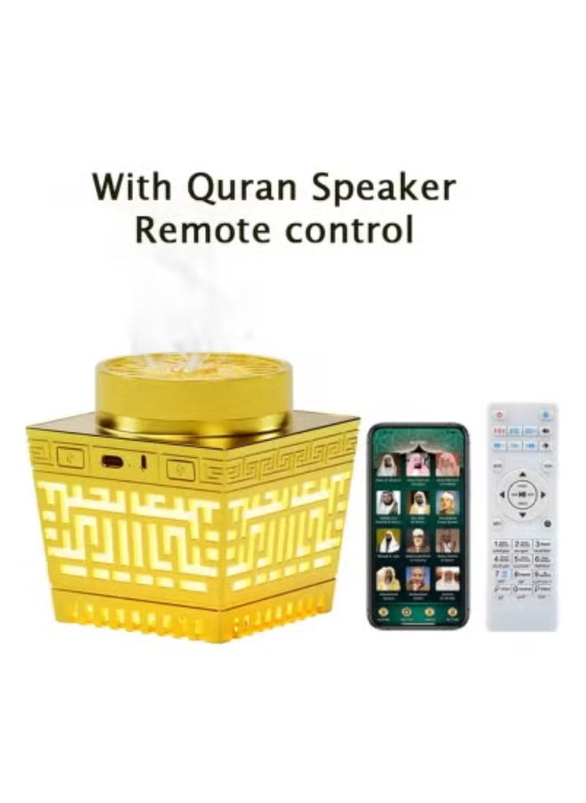 Quran Speaker & Mini Incense Burner (Gold) – Remote-Controlled Bukhoor Burner with Bluetooth Quran Speaker, 114 Surahs, 18 Reciters, 17 Translations, Multicolor Night Light, MP3 Playback, and App Control – Ideal for Prayer Rooms, Home, and Islamic Gifting