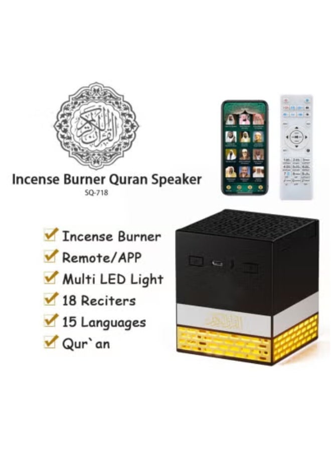 SQ-718 Quran Speaker with Bakhoor Burner – 8GB Bluetooth Islamic Speaker with 18 Reciters, 15 Translations, Remote & App Control, Multi-Color LED Light Options, MP3 Playback – Kaaba-Inspired Design – Ideal for Prayer Rooms, Gifting & Home Décor