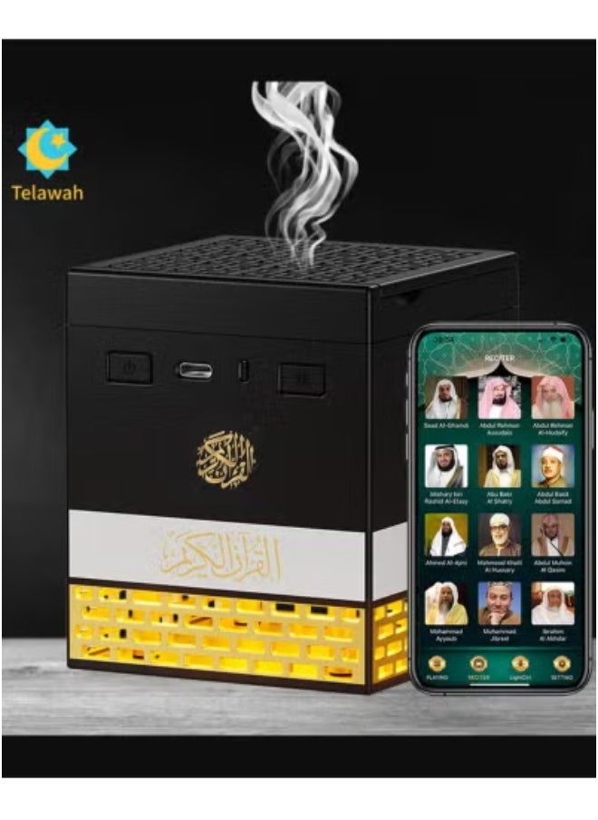 SQ-718 Quran Speaker with Bakhoor Burner – 8GB Bluetooth Islamic Speaker with 18 Reciters, 15 Translations, Remote & App Control, Multi-Color LED Light Options, MP3 Playback – Kaaba-Inspired Design – Ideal for Prayer Rooms, Gifting & Home Décor