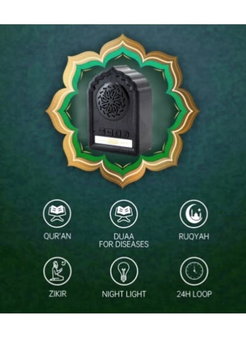 QB812 Holy Wall Speaker Bluetooth Al-Quran Light Speaker SQ669 – Wireless Quran Speaker with Night Light, 24-Hours Loop Quran, Ruqyah, Zikir & Dua Playback for Disease – Perfect for Home, Mosque, or Office – 3-Pin Wall Plug, Black
