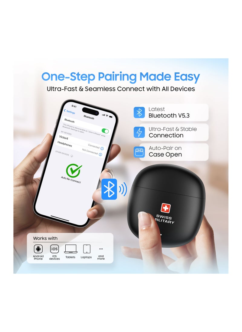 VICTOR6 High Bass True Wireless Earbuds - 24 Hours Total Playtime, 180 Days Standby, Smart Touch Controls, Seamless Connectivity, Secure Fit for Workouts & Travel - Black