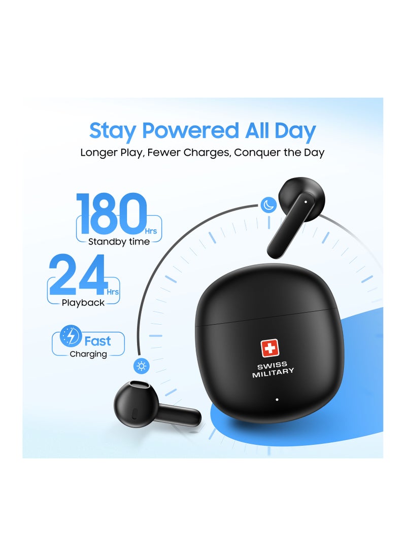 VICTOR6 High Bass True Wireless Earbuds - 24 Hours Total Playtime, 180 Days Standby, Smart Touch Controls, Seamless Connectivity, Secure Fit for Workouts & Travel - Black