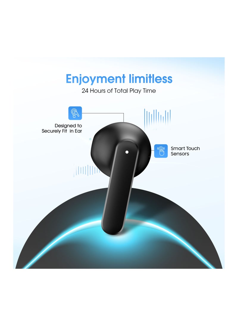 VICTOR6 High Bass True Wireless Earbuds - 24 Hours Total Playtime, 180 Days Standby, Smart Touch Controls, Seamless Connectivity, Secure Fit for Workouts & Travel - Black