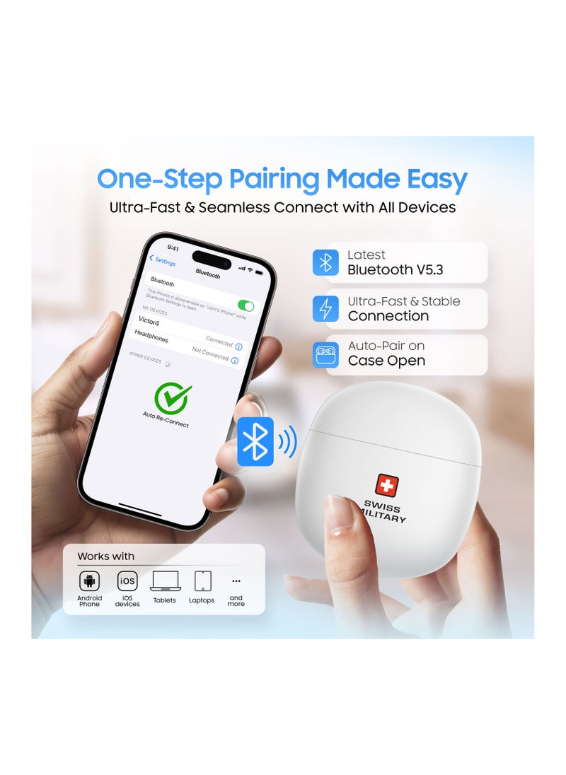 VICTOR6 High Bass True Wireless Earbuds - 24 Hours Total Playtime, 180 Days Standby, Smart Touch Controls, Seamless Connectivity, Secure Fit for Workouts & Travel - White