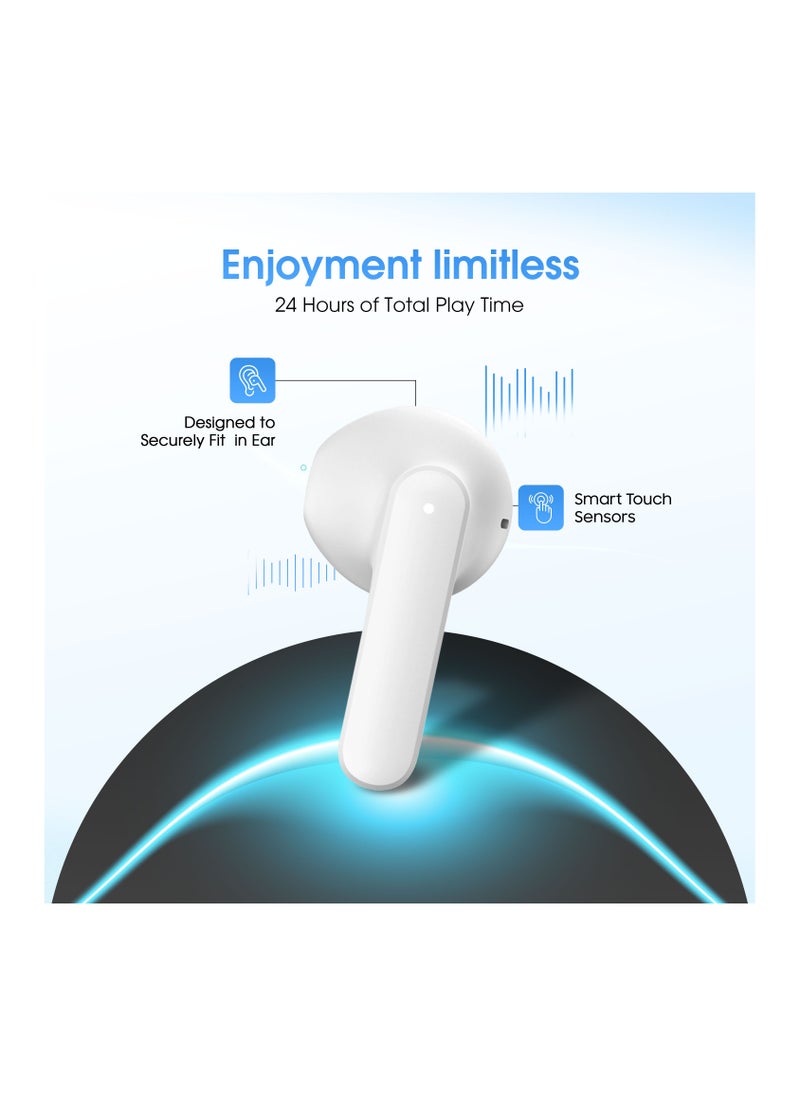 VICTOR6 High Bass True Wireless Earbuds - 24 Hours Total Playtime, 180 Days Standby, Smart Touch Controls, Seamless Connectivity, Secure Fit for Workouts & Travel - White