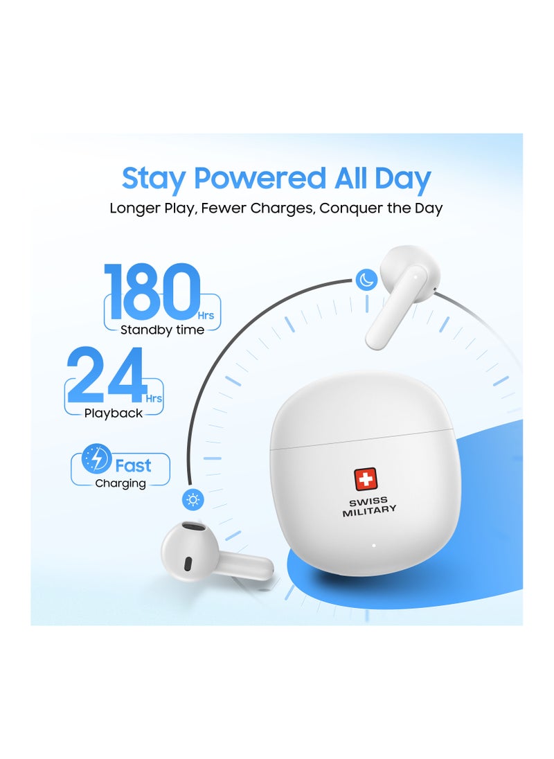 VICTOR6 High Bass True Wireless Earbuds - 24 Hours Total Playtime, 180 Days Standby, Smart Touch Controls, Seamless Connectivity, Secure Fit for Workouts & Travel - White