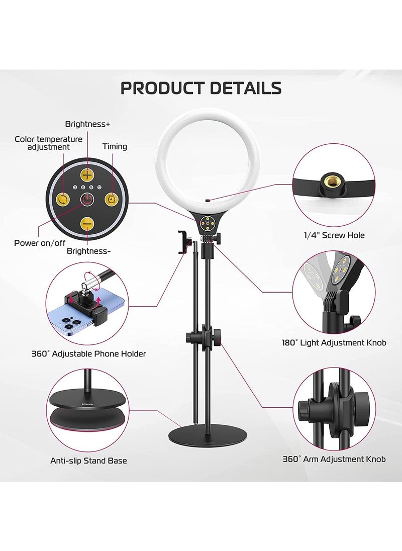 [Upgraded Base] Ring Light Desk with Horizontal Boom Arm, 10