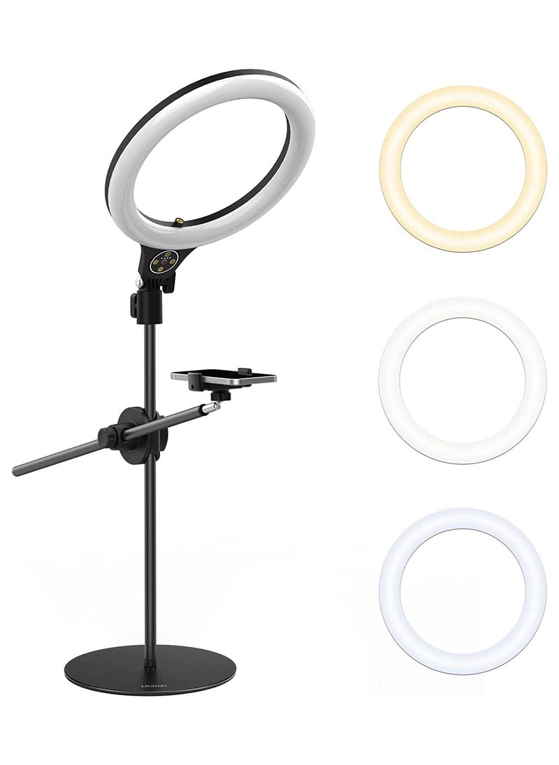 [Upgraded Base] Ring Light Desk with Horizontal Boom Arm, 10