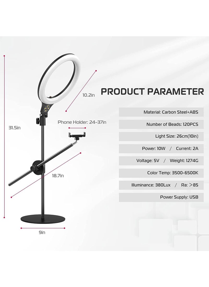 [Upgraded Base] Ring Light Desk with Horizontal Boom Arm, 10