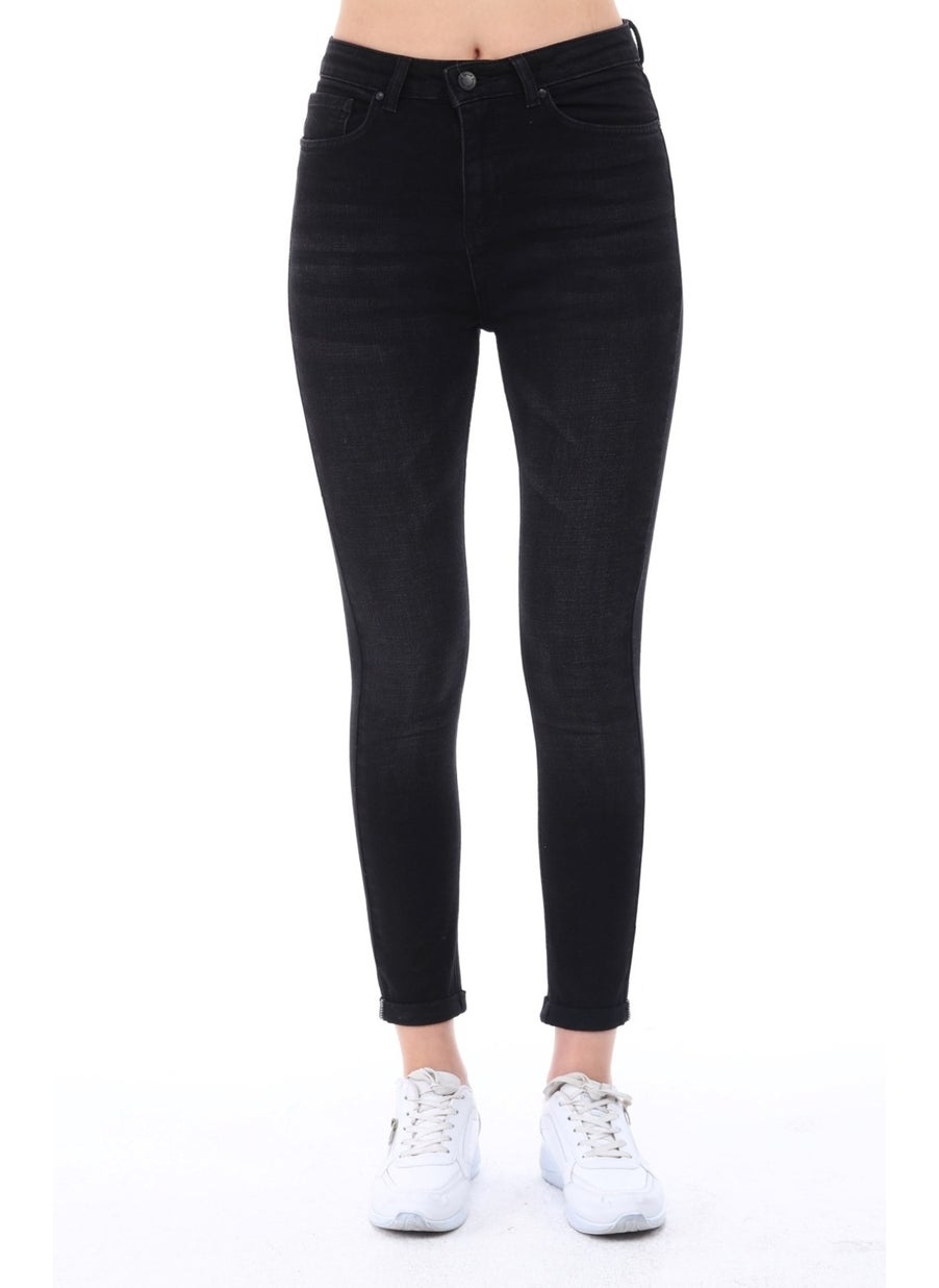 Women's Light Lycra Skinny Fit Leg Detailed Trousers Felicia Black