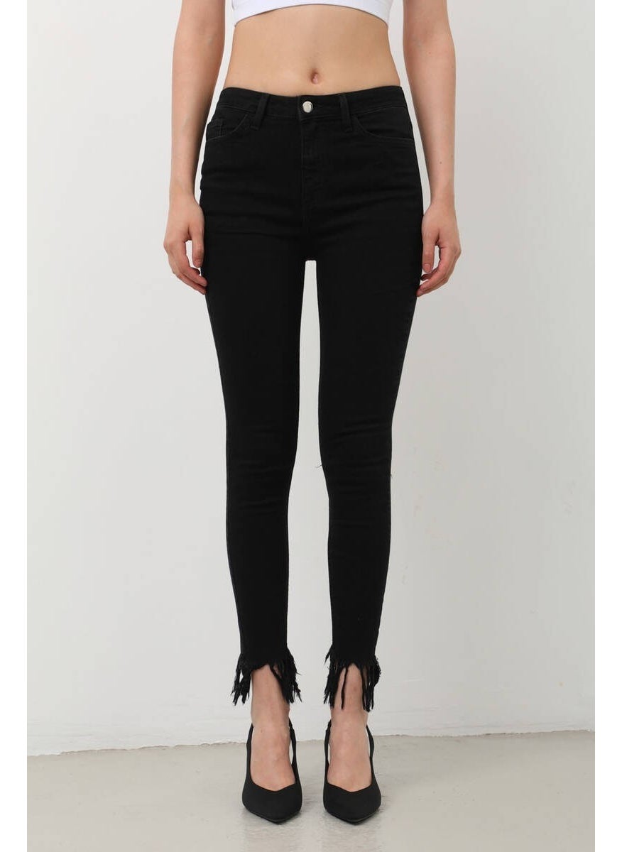Women's Skinny Fit Fringed Jean Pants Black