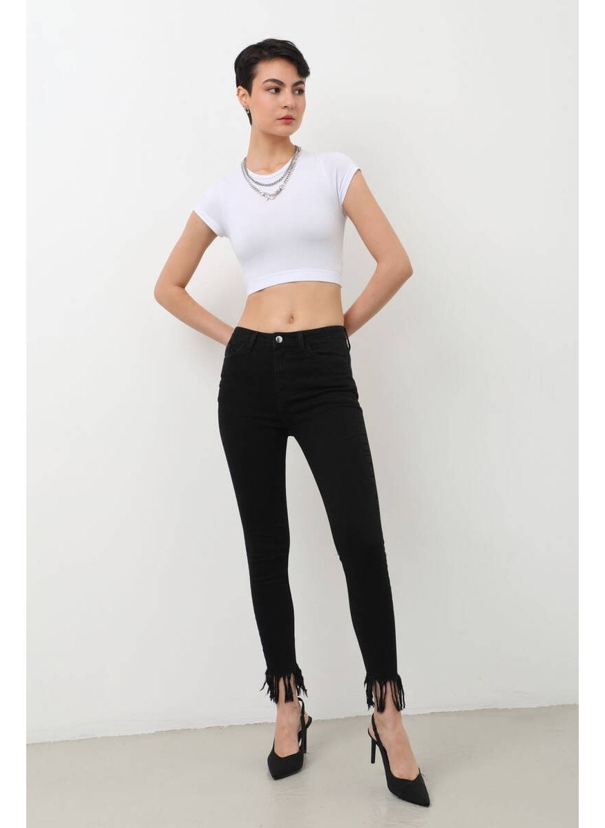 Women's Skinny Fit Fringed Jean Pants Black