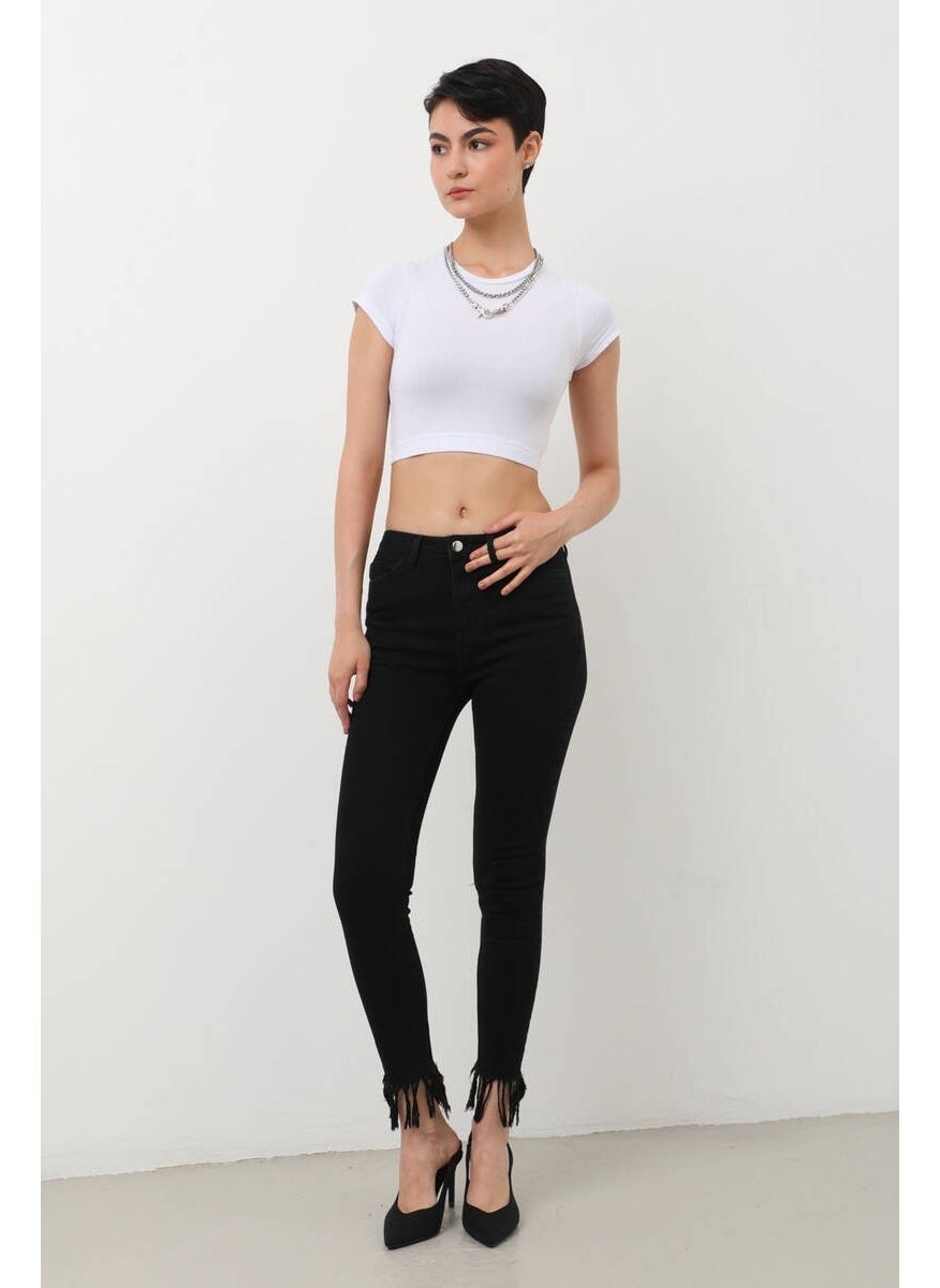 Women's Skinny Fit Fringed Jean Pants Black