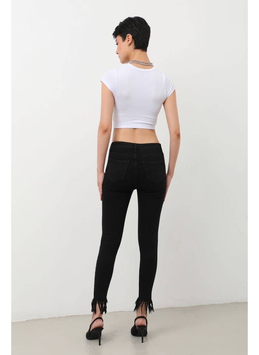 Women's Skinny Fit Fringed Jean Pants Black