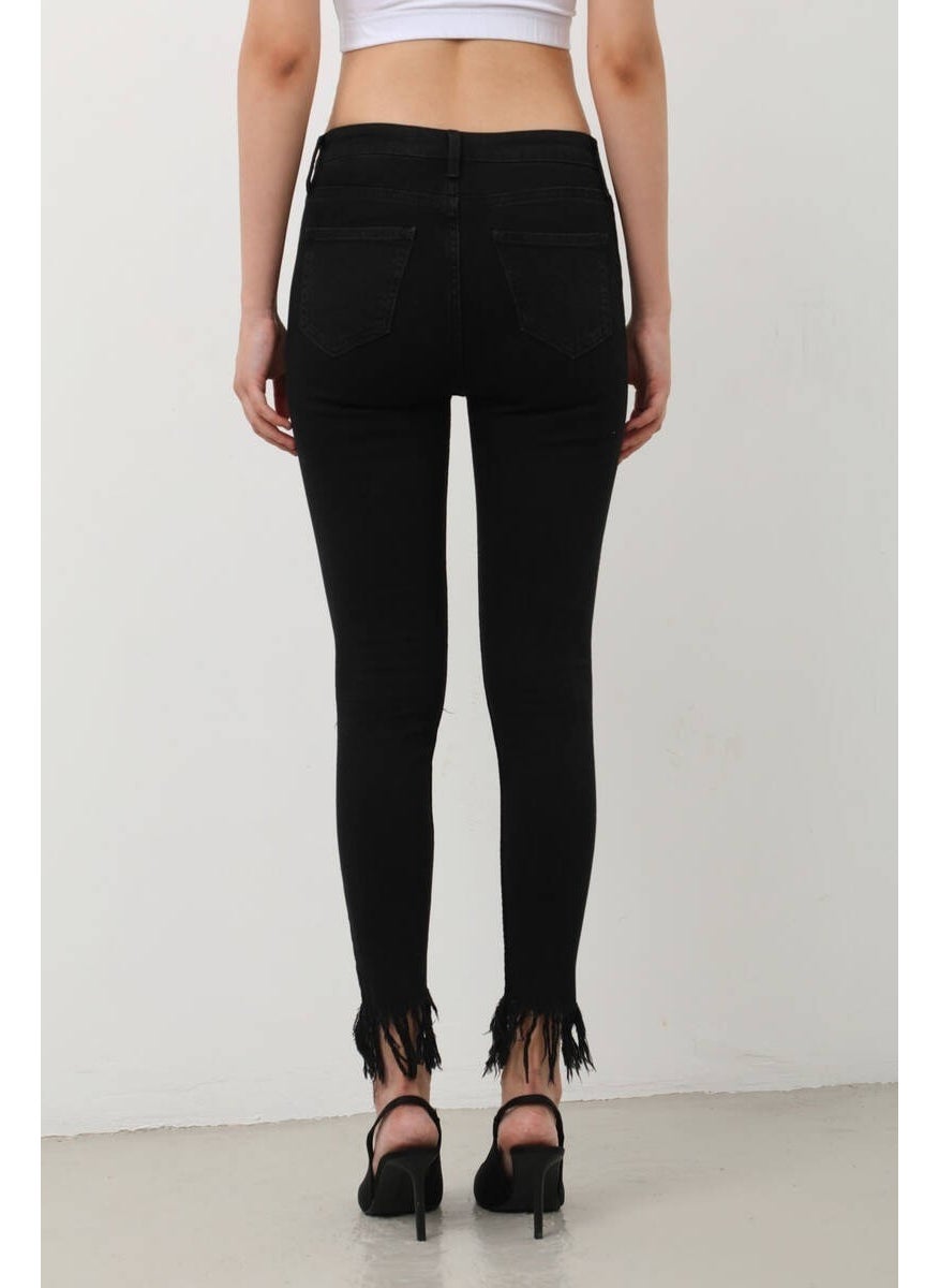 Women's Skinny Fit Fringed Jean Pants Black