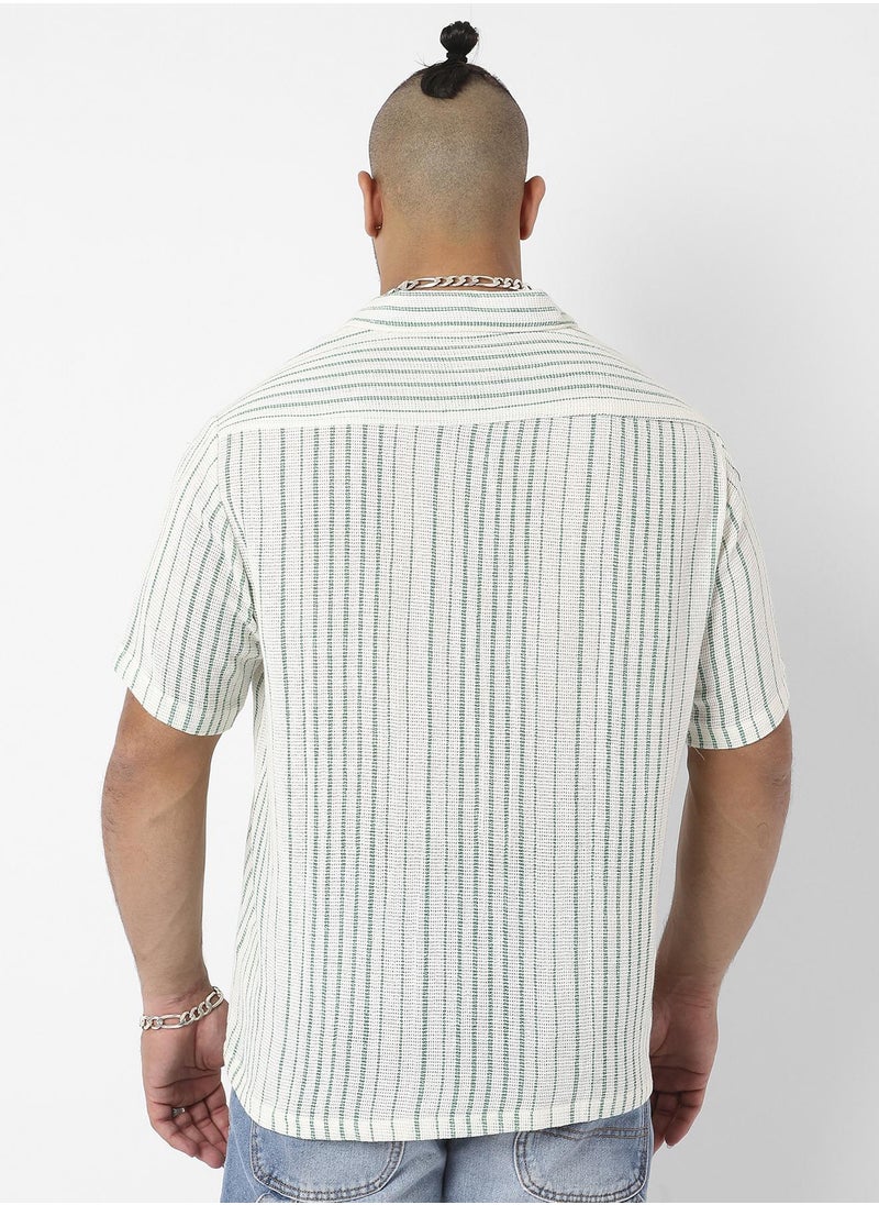 Men's White & Green Unbalanced Striped Woven Shirt