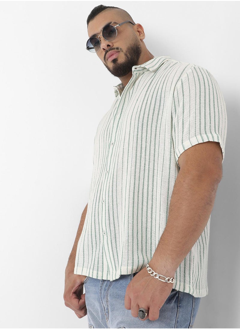Men's White & Green Unbalanced Striped Woven Shirt