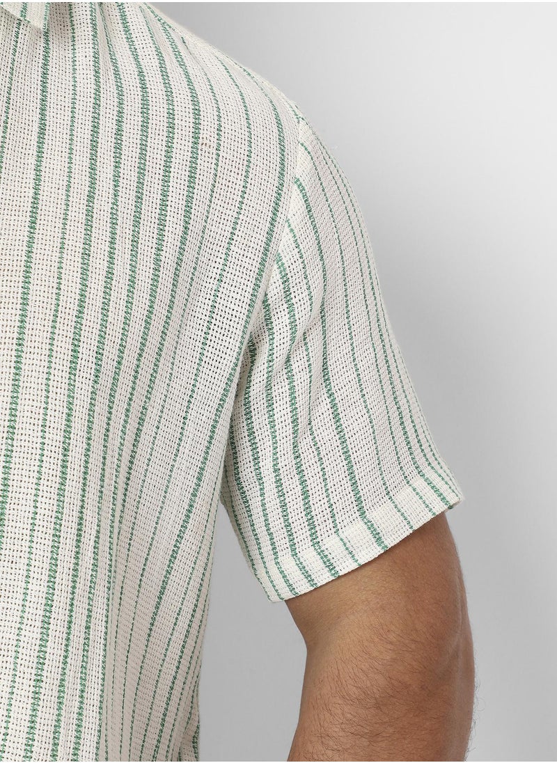 Men's White & Green Unbalanced Striped Woven Shirt