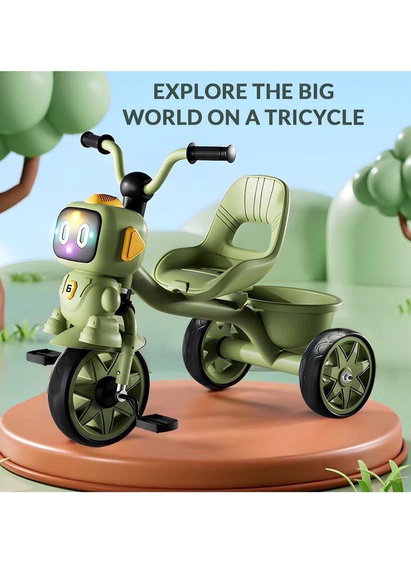Tricycle for Kids Baby Cycle with Light and Music Kids Tricycle with Back Storage Basket & 3 Wheels Kids Cycle Bike For 3+ Years Boys Girls Olive Green
