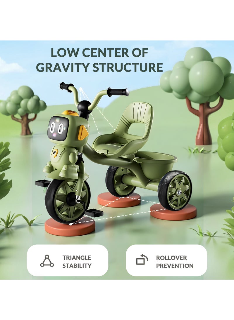 Tricycle for Kids Baby Cycle with Light and Music Kids Tricycle with Back Storage Basket & 3 Wheels Kids Cycle Bike For 3+ Years Boys Girls Olive Green