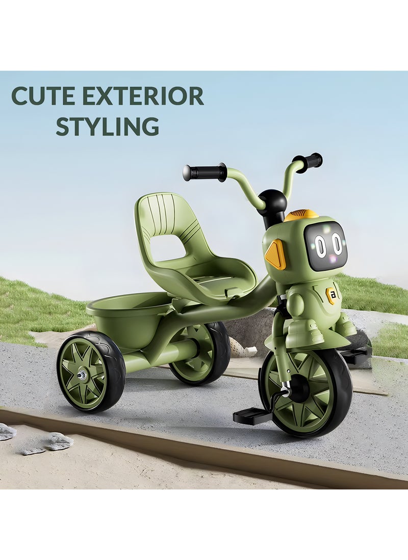 Tricycle for Kids Baby Cycle with Light and Music Kids Tricycle with Back Storage Basket & 3 Wheels Kids Cycle Bike For 3+ Years Boys Girls Olive Green