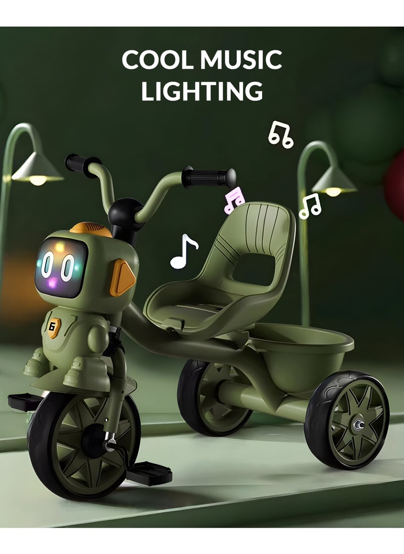 Tricycle for Kids Baby Cycle with Light and Music Kids Tricycle with Back Storage Basket & 3 Wheels Kids Cycle Bike For 3+ Years Boys Girls Olive Green