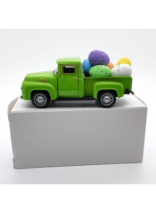 Cross Border 12.5cm Pickup Truck Model Easter Egg Vintage Alloy Car American Pickup Truck Alloy Car Ornaments-Color:Emerald Green Pickup Truck 12.5cm +6 Easter Eggs (white Box)