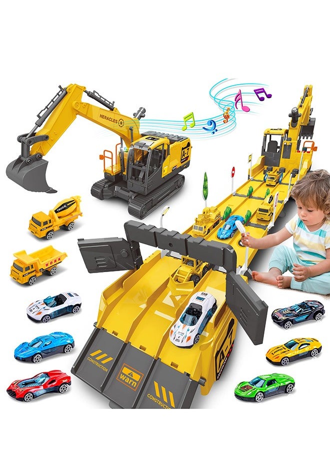 Excavator Toys for Boys with 6 Metal Racing Cars and 2 Engineering Vehicle, Foldable Ejection Vehicle with Lights & Sound for 3 4 5 6 7 Years Old Boys Gifts