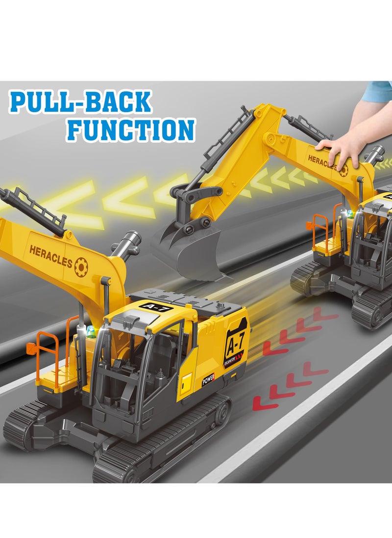 Excavator Toys for Boys with 6 Metal Racing Cars and 2 Engineering Vehicle, Foldable Ejection Vehicle with Lights & Sound for 3 4 5 6 7 Years Old Boys Gifts