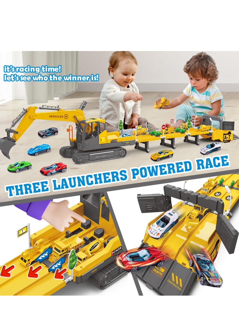 Excavator Toys for Boys with 6 Metal Racing Cars and 2 Engineering Vehicle, Foldable Ejection Vehicle with Lights & Sound for 3 4 5 6 7 Years Old Boys Gifts