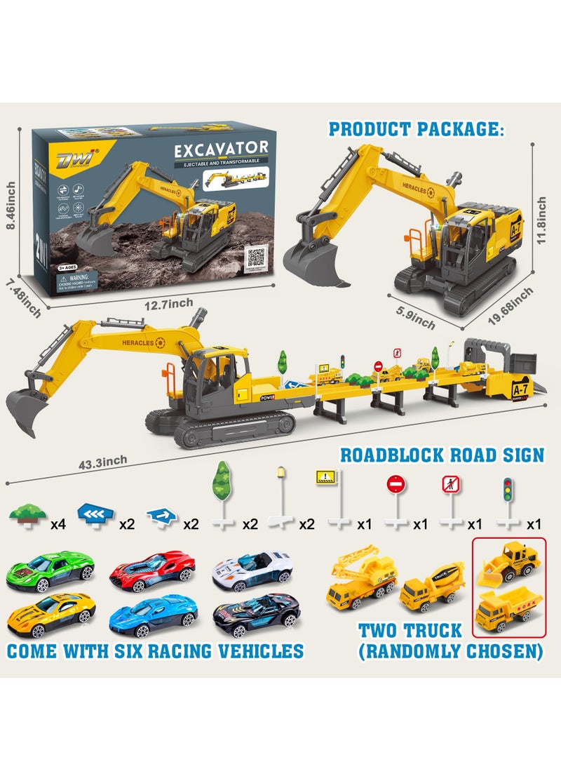 Excavator Toys for Boys with 6 Metal Racing Cars and 2 Engineering Vehicle, Foldable Ejection Vehicle with Lights & Sound for 3 4 5 6 7 Years Old Boys Gifts