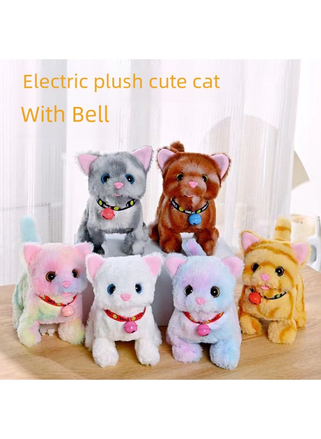 Plush Electric Cat Simulation Cry Walking Nodding Wagging Tail Kitten Puppy Children's Toy Pet Electronic Cat-Color: Bell Chip Cat (colorful Color Random)