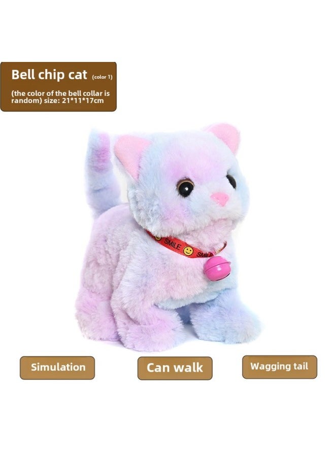 Plush Electric Cat Simulation Cry Walking Nodding Wagging Tail Kitten Puppy Children's Toy Pet Electronic Cat-Color: Bell Chip Cat (colorful Color Random)