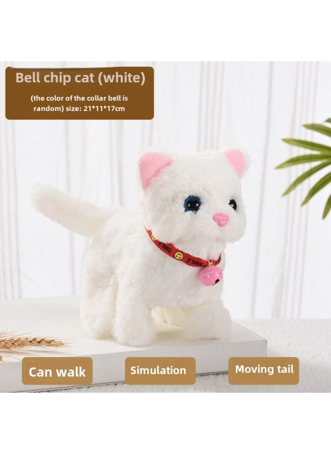 Plush Electric Cat Simulation Cat Toy Simulation Call Doll Can Walk Wagging Tail Electronic Pet Kitten-Color:Bell Chip Cat (White)-Specifications:Self-provided (2 No. 5 Batteries)