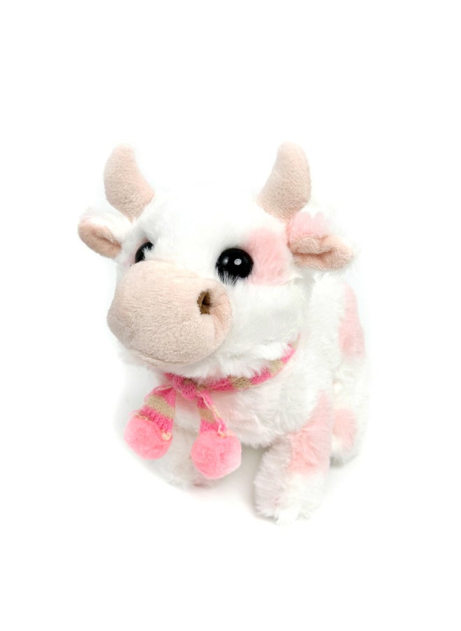 The Simulation Of Electric Plush Cows Can Walk Moo Call Sound Tail Electronic Pet Children's Toys-Color:Scarf Cow (Powder)