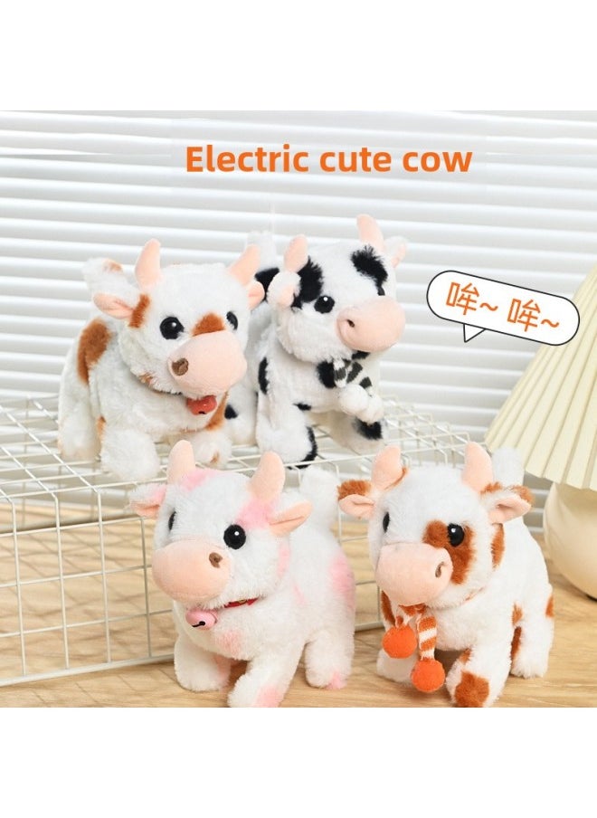 The Simulation Of Electric Plush Cows Can Walk Moo Call Sound Tail Electronic Pet Children's Toys-Color:Scarf Cow (Powder)