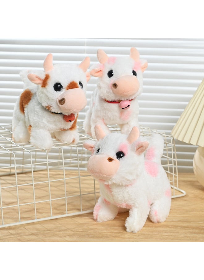 The Simulation Of Electric Plush Cows Can Walk Moo Call Sound Tail Electronic Pet Children's Toys-Color:Scarf Cow (Powder)