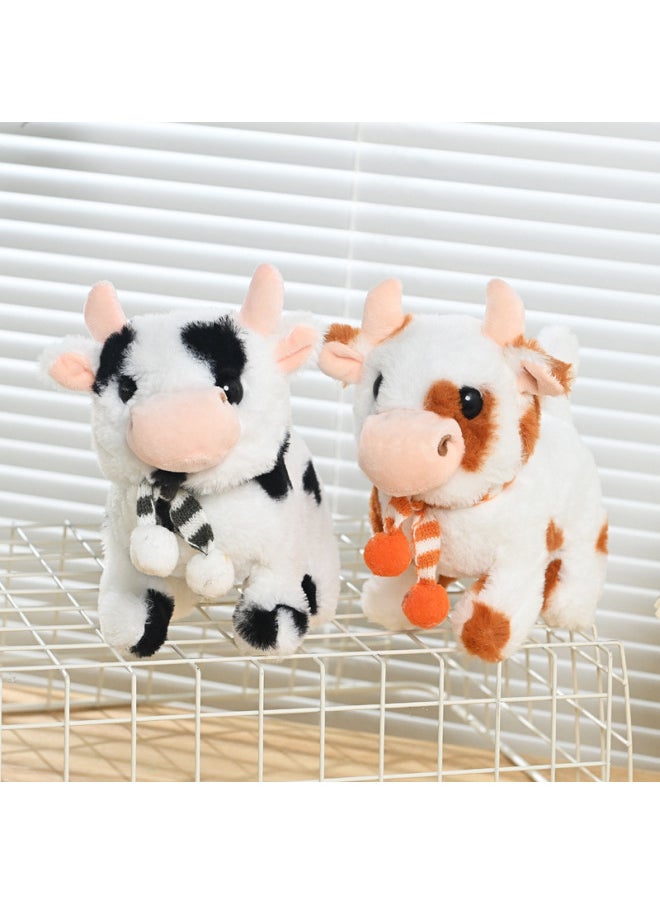 The Simulation Of Electric Plush Cows Can Walk Moo Call Sound Tail Electronic Pet Children's Toys-Color:Scarf Cow (Powder)