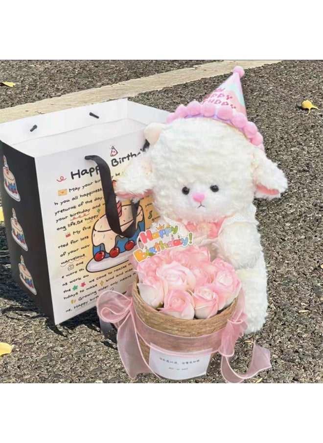 Year Valentine's Day Cute Pacifying Lamb Doll Bouquet Hug Bucket Birthday Gift For Girlfriend Girlfriend-Color:Princess Sheep + Birthday Hat + Greeting Card + 11 Flower Basket [high-end Gift Bag]