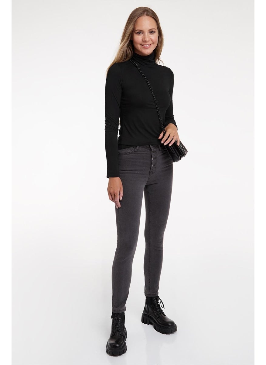 Women's Black Long Sleeve Stand Collar Blouse