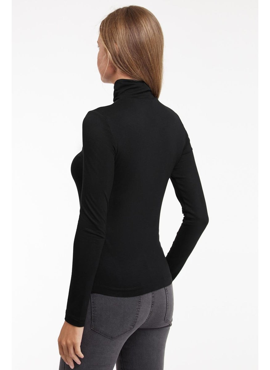 Women's Black Long Sleeve Stand Collar Blouse