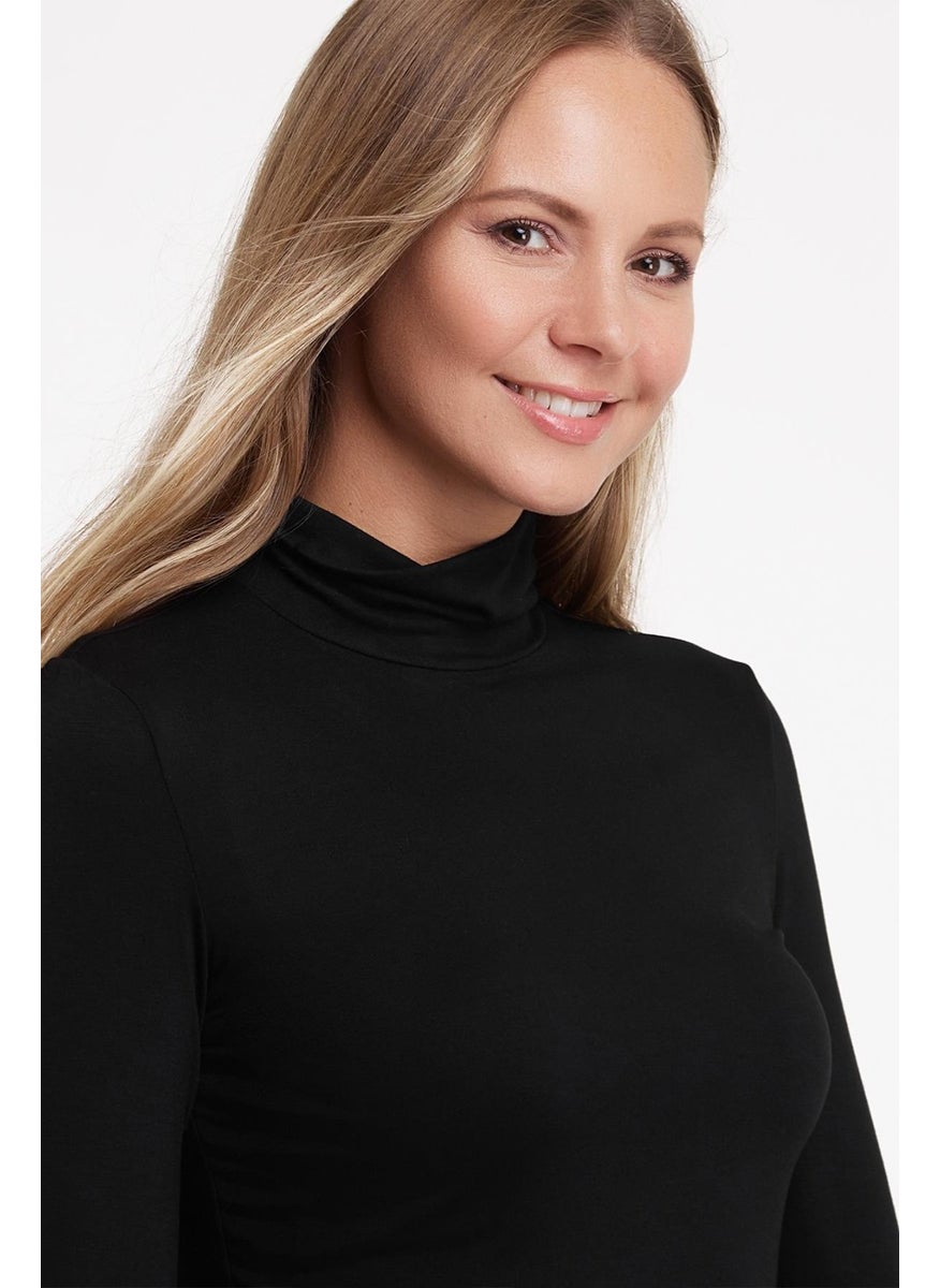 Women's Black Long Sleeve Stand Collar Blouse