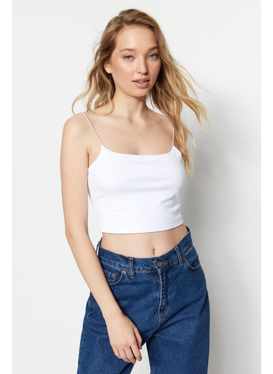 Women's Ecru Spaghetti Strap Full Lycra Crop Tank Top