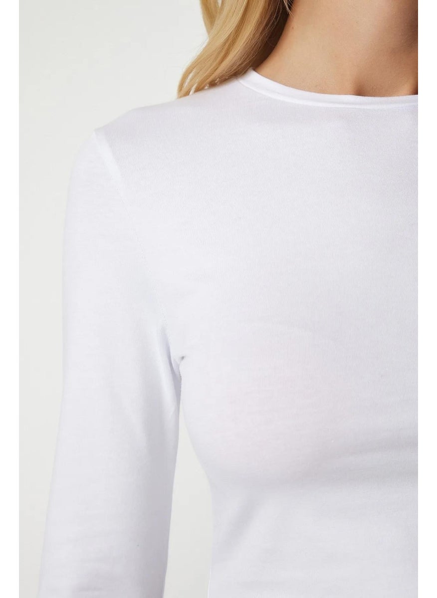 Women's White Long Sleeve Crew Neck Crop Blouse